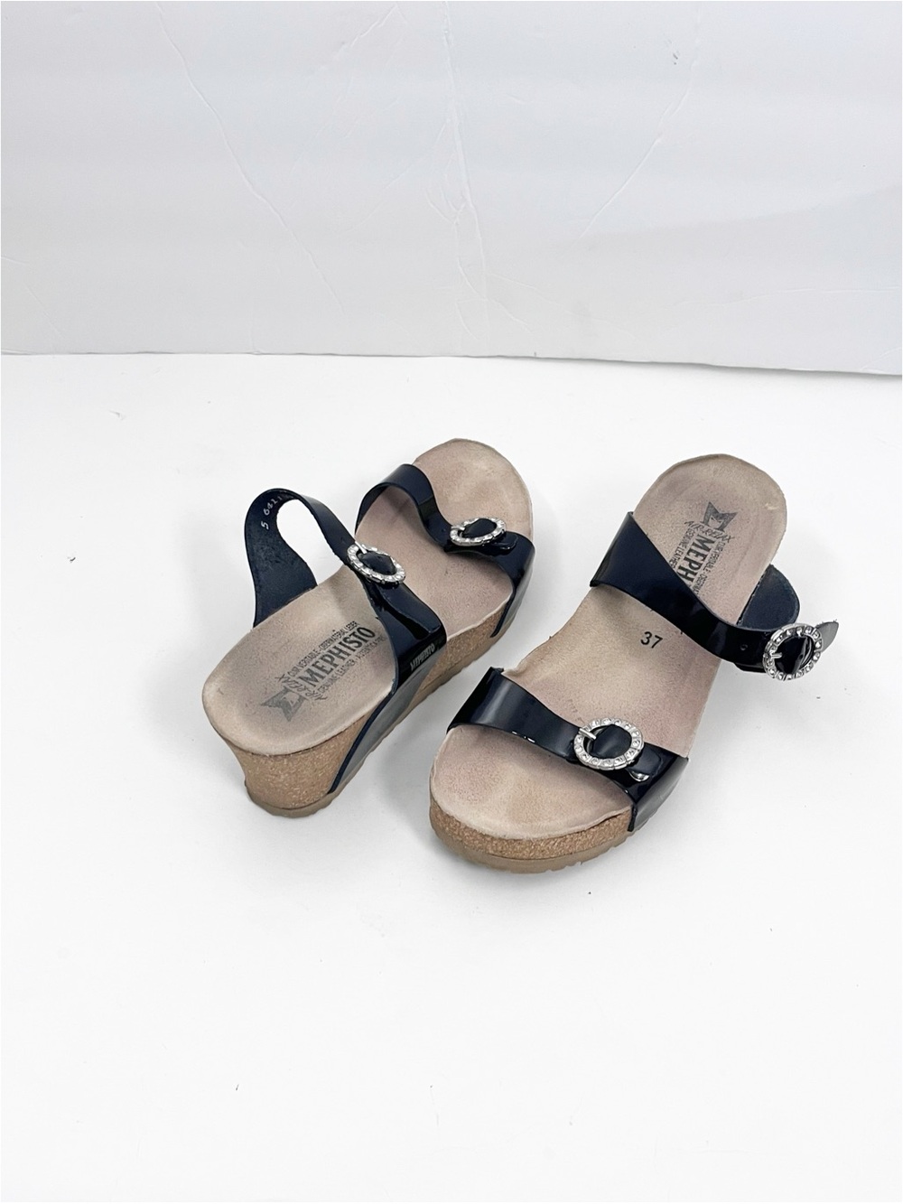MEPHISTO Idelya Black Leather Cork Wedge Rhinestone Buckle Sandals EU 37